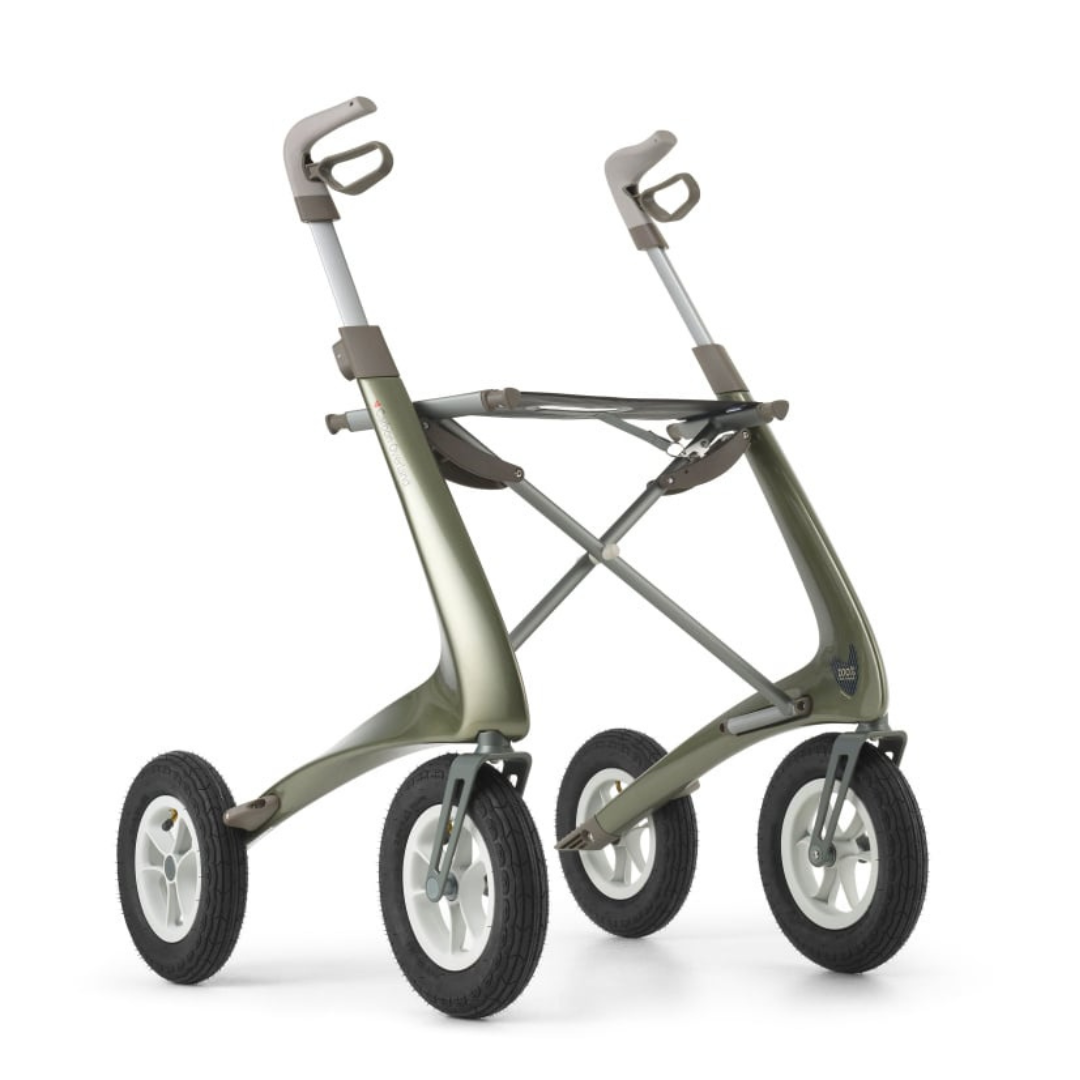 The ByACRE Carbon Overland All-Terrain Rollator features a sleek carbon fiber frame, large black pneumatic tires, and ergonomic handles with brakes, designed for easy maneuvering and stability.